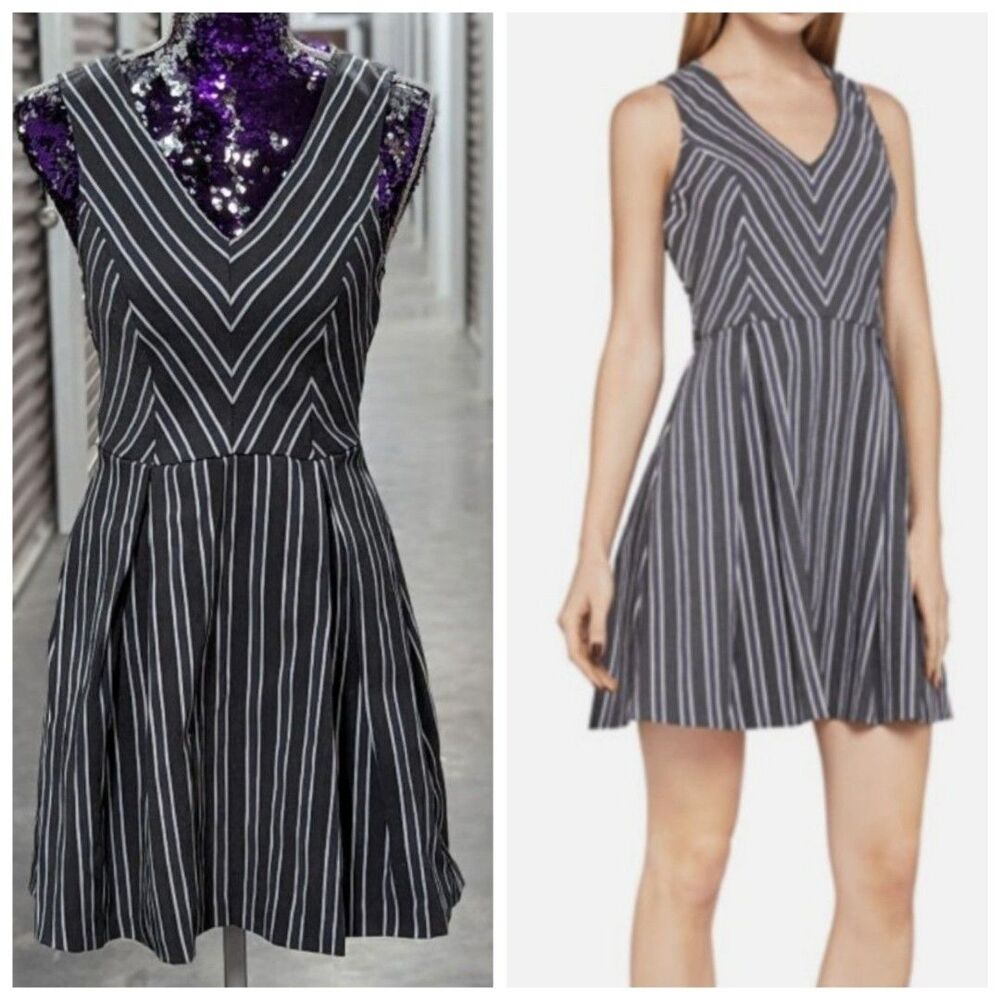 BCBGeneration Grey & White Small Striped Fit & Flare Dress NWT Minimalist Preppy